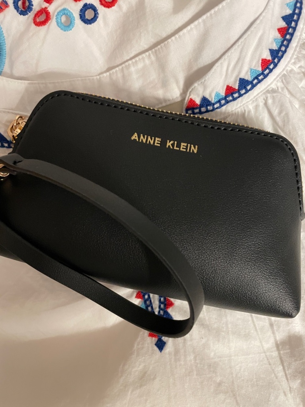 Anne Klein Black Leather-like Wristlet with Gold Logo